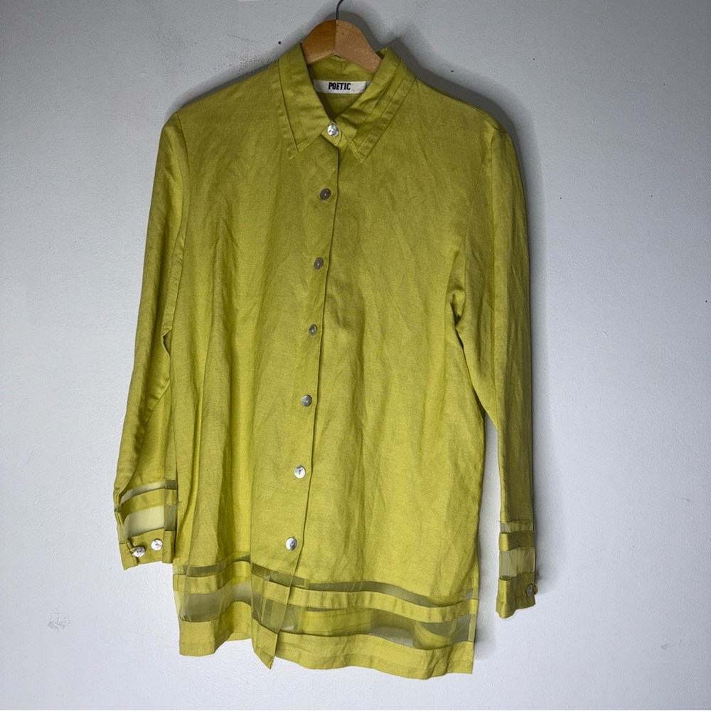 Poetic Ramie Blend Collar‎ Long Sleeve Button Down Sheer Trim Yellow Green 10